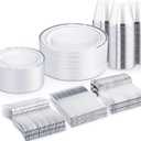WELLIFE 300 PCS Silver Dinnerware Set for 50 Guests, Silver Plastic Disposable Plates for Party, 50 Dinner Plates, 50 Salad Plates, 50 Cups Forks Knives Spoons for Wedding and Party Anniversary