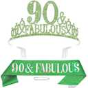 90th Birthday Decorations for Women, 90th Birthday Gifts Sash and Crown for Women Set, 90 & Fabulous Party Supplies, Green