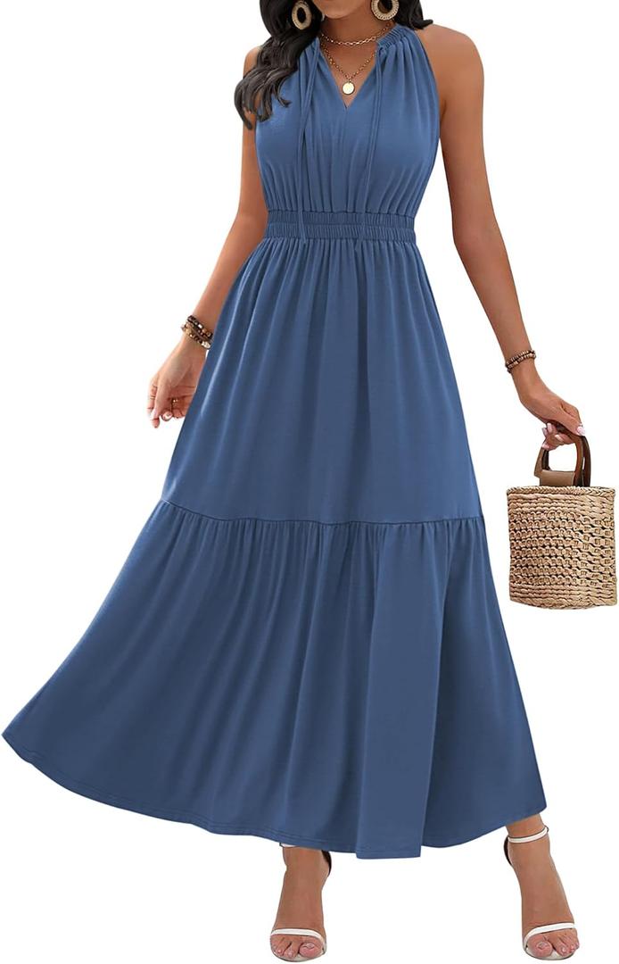 ZAFUL Women's 2025 Summer Casual Midi Dress Sleeveless Adjustable V Neck Elastic Empire Waist Smocked Ruffle Tiered Dresses (Blue)