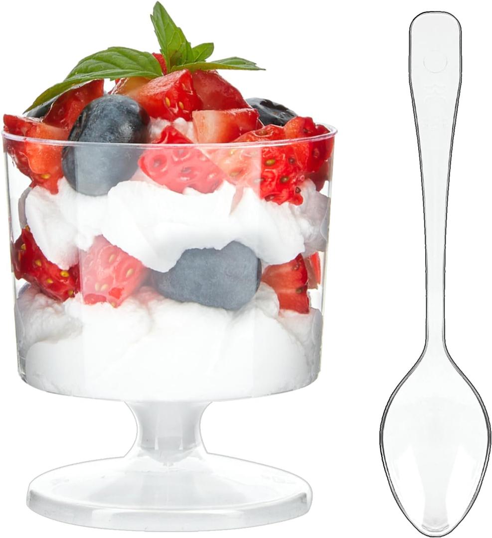 Zezzxu 2 oz Mini Dessert Cups with Spoons, 100 Pack Disposable Appetizer Cup Mousse Cups Small Plastic Drink Cooler Glasses for Serving Individual Pudding Shots, Cocktail, Trifle