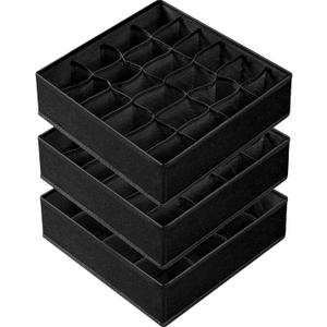 Criusia 3 Pack Sock Underwear Organizer Dividers, 64 Cell Fabric Foldable Cabinet Closet Organizers and Storage Boxes for Storing Socks, Underwear, Ties (16+24+24 Cell, Black)