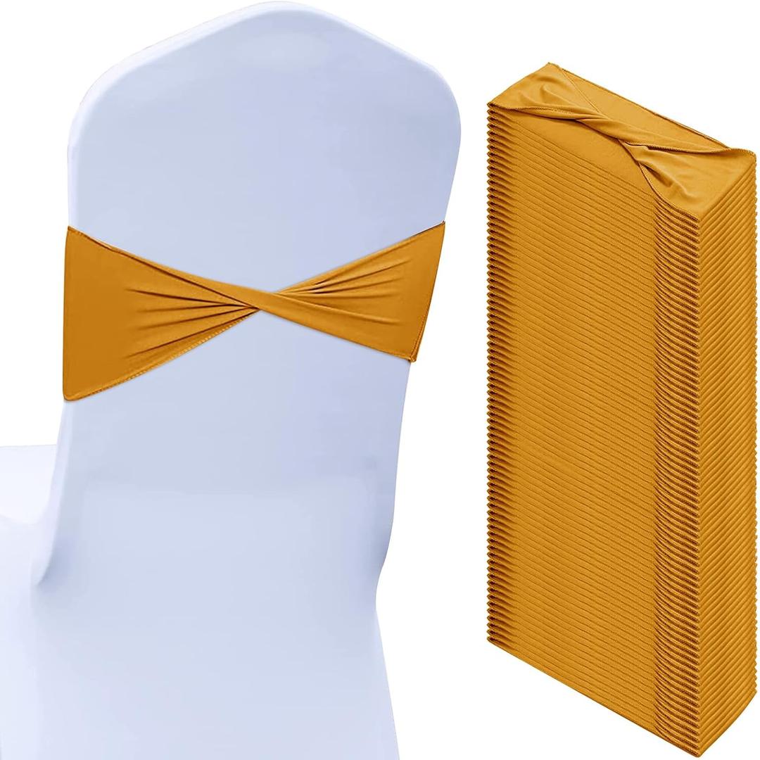 Kinlop 50 Pcs Spandex Chair Sashes Bows Chair Tands Slider Sashes for Covers Elastic Bands Ties Without Buckle Decorations for Wedding Party Events Ceremony Birthday(Mustard Yellow)