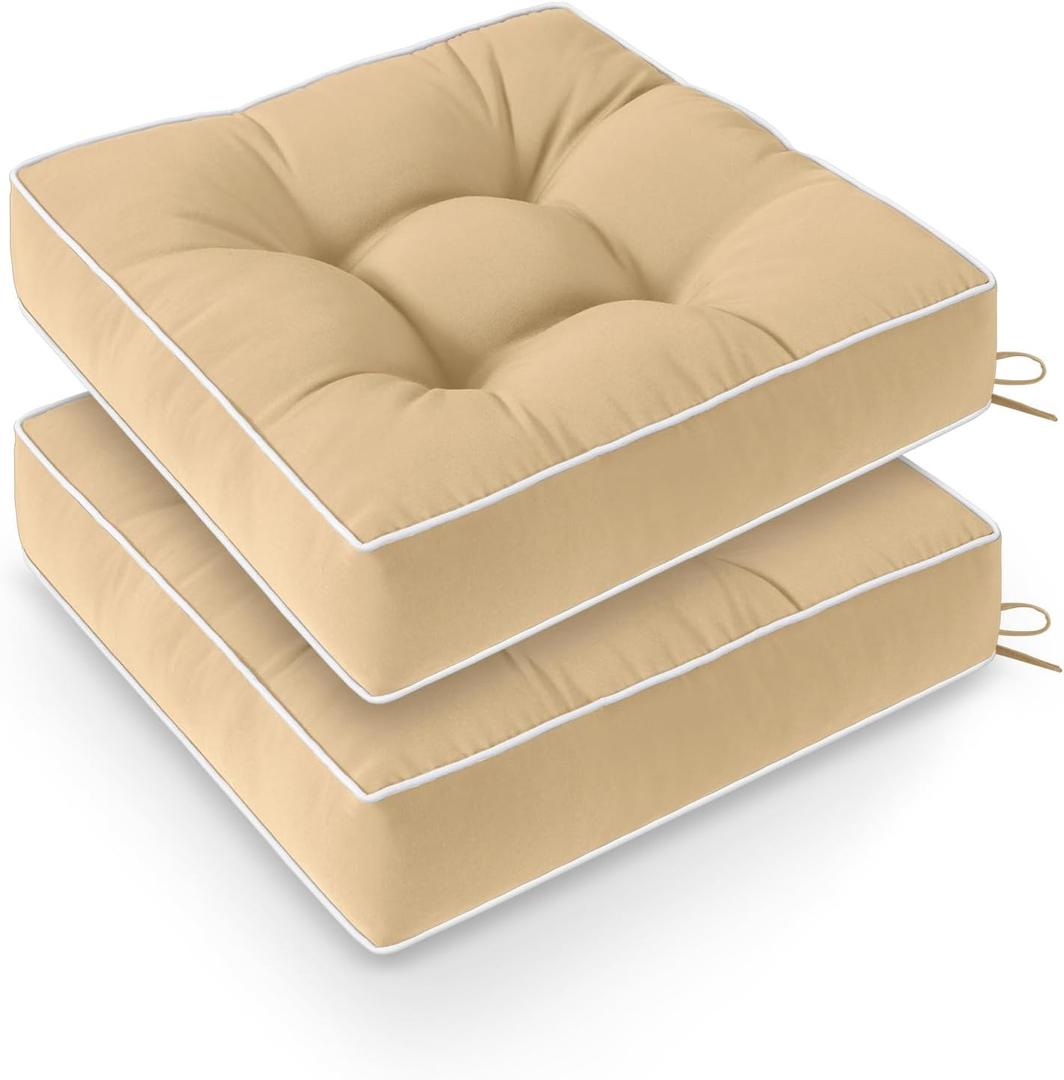 Wellsin Outdoor Chair Cushions Set of 2, Patio Cushions for Outdoor Furniture, Tufted Waterproof Outdoor Chair Pads, 19 x 19 Inch, Khaki, 19x19x5