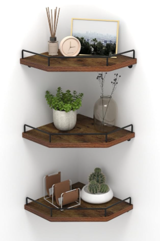 HORLIMER Floating Corner Shelf Wall Mount, 3 Pack Rustic Wood Corner Wall Shelves with Fence for Bedroom, Bathroom, Kitchen, Living Room, Brown