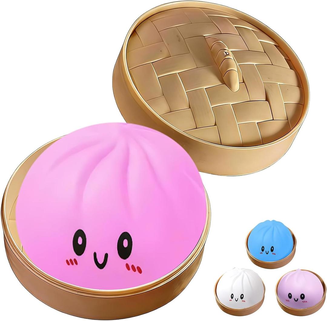Dumpling Squishies Toy,Mystery Squishy Dumpling Box,Cute Anxiety Relief Fidget Toy,Jumbo Squishy Toy with Steamer Box,Soft Squeeze Decompression Dough for Adults& Kids (Pink)