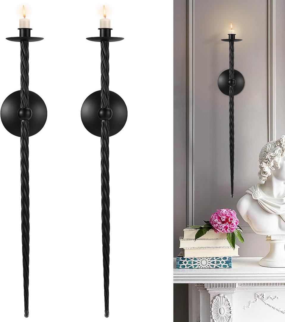 Black Wall Candle Holder 23.5 Inch Large Candle Wall Sconce Candle Sconces Wall Decor Set of 2 Wall Mount Candle Holders Decor for Dining Room, Living Room, Office, Bathroom