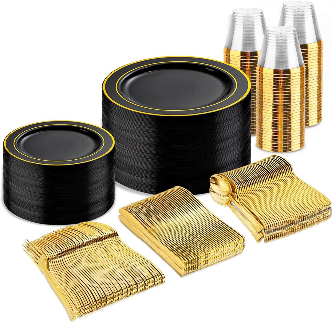 bUCLA 300PCS Black and Gold Disposable Dinnerware Set - 50 Guests Black Plastic Plates with Gold Rim Include 50 Dinner / 50 Dessert Plates, 50 Forks,50 Knives,50 Spoons & 50 Cups for Party&New Year
