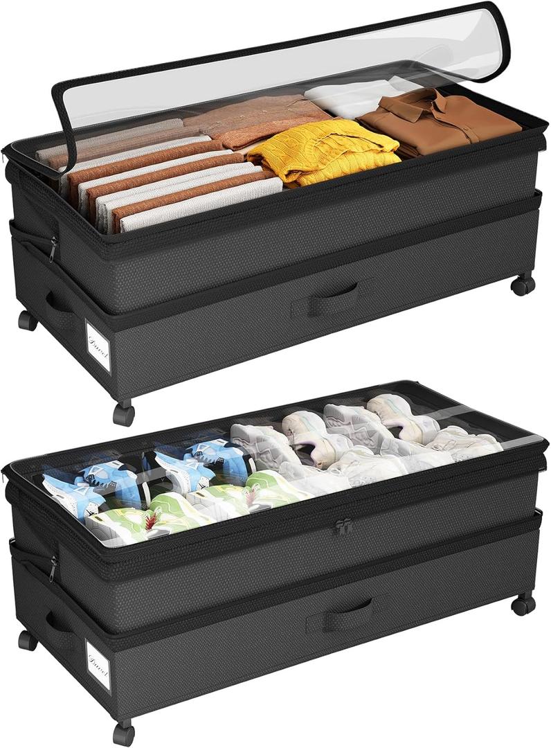 Kitstorack 2Pack Height-adjustable Under Bed Storage with Wheels, Under Bed Storage Containers, Under Bed Shoe Storage Organizer with Clear Window & Label, Suitable for Clothes Storage, Black