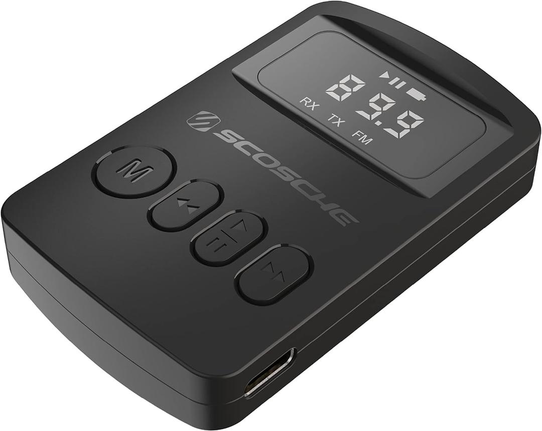 Scosche BTTRFM-SP1 Portable Bluetooth Transmitter/Receiver, FM Transmitter and Wireless Audio Receiver for TV, Headphones, Home/Car Stereo, Airplane Entertainment and more, up to 7 Hour Battery Life (Black)