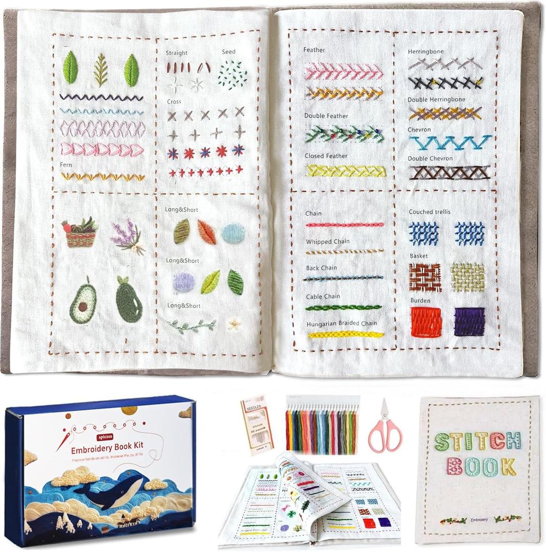 spicssa 2026 Upgraded DIY Stitch Book Kit, Embroidery Stitch Book Kit, Comprehensive Guide with Various Patterns, Complete Toolkit and Video Tutorials, Perfect for Beginners and Craft Lovers (5.13 IN)