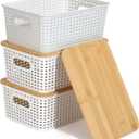 Plastic Storage Bins With Bamboo Lid Pantry Organization and Storage Baskets Containers Lidded Organizer Bins Small Baskets for Shelves Drawers Desktop Closet Playroom Classroom Office, 3 Pack