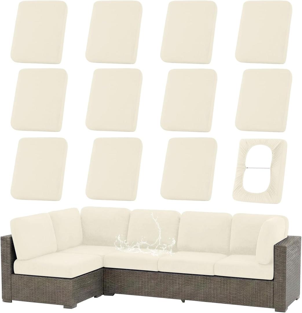 hyha Waterproof Outdoor Cushion Covers for Patio Furniture, Stretch Patio Chair Cushion Slipcovers, Coated UV Resistant Replacement Seat Covers, Solid Color (Beige, 12PC)