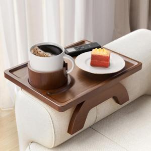 FANGSUN Sofa Arm Tray, Couch Arm Tray with Cup Holder, Clip on Arm Rest Table for Couch, Wood Armrest Tray, Anti-Slip Folding Side Table for Small Space, Drink, Eating, Remote, Snacks, Useful Gift (Brown)