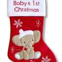 Heart's Sign Babys First Christmas Stocking 2025 - Elephant Design (Red) Xmas Decor | My First Christmas Decor Ornament 2025 (Red)
