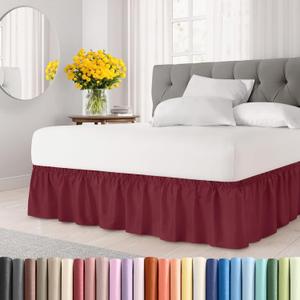 Wrap Around Dust Ruffle Bed Skirt - Burgundy - for King Size Beds with 12 Inch Drop - Easy Fit Elastic Strap - Adjustable Pleated Bedskirt w/Brushed Fabric Wrinkle Free - for Women, Men, Kids & Teens