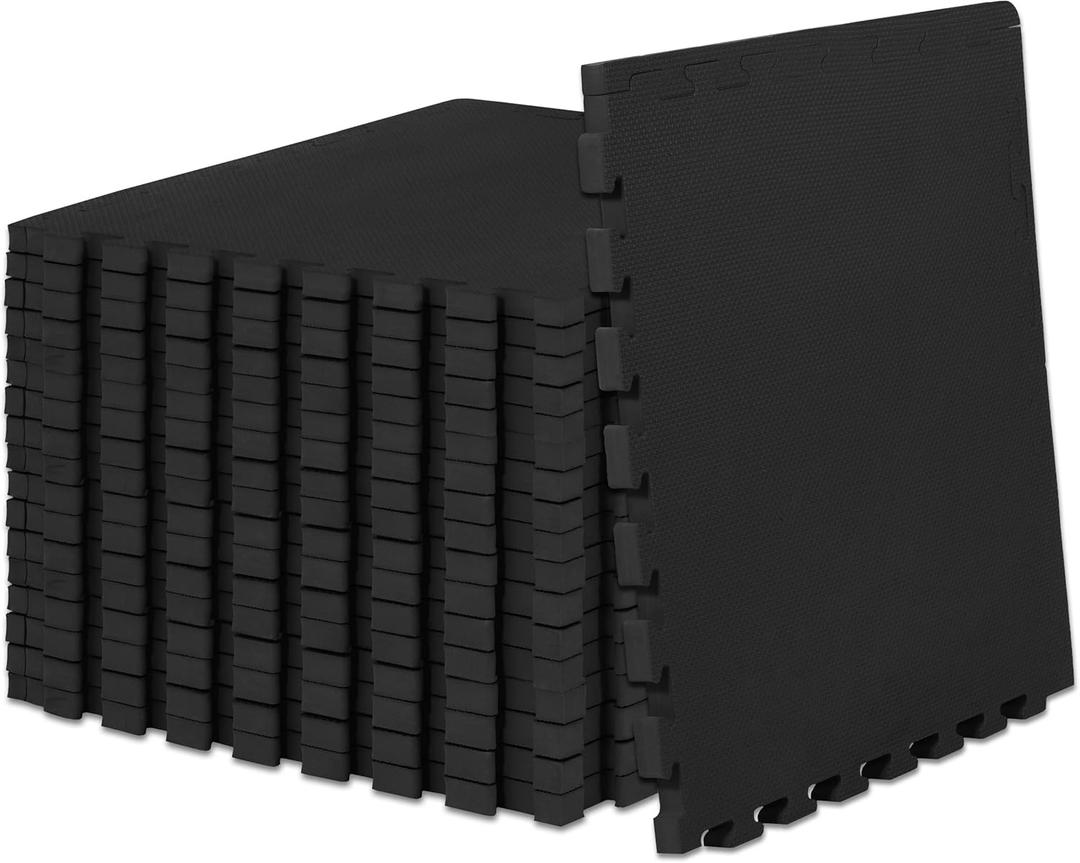 ProsourceFit Extra Thick Puzzle Exercise Mat, EVA Foam Interlocking Tiles for Protective, Cushioned Workout Flooring for Home and Gym Equipment, Black - 3/4 inch - 24 Sq Ft - 6 Tiles (Black - 1 Inch - 72 Sq Ft - 18 Tiles)