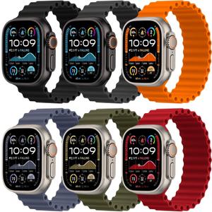 6 Pack Silicone Ocean Solo Loop Bands Compatible with Apple Watch Ultra 3/2/1 49mm 46mm 45mm 44mm 42mm, Soft Stretchy Sport Replacement Wristband for iWatch Series 11 10 9 8 7 6 5 4 3 SE (Black/Dark Gray/Orange/Blue Gray/Army Green/Red)