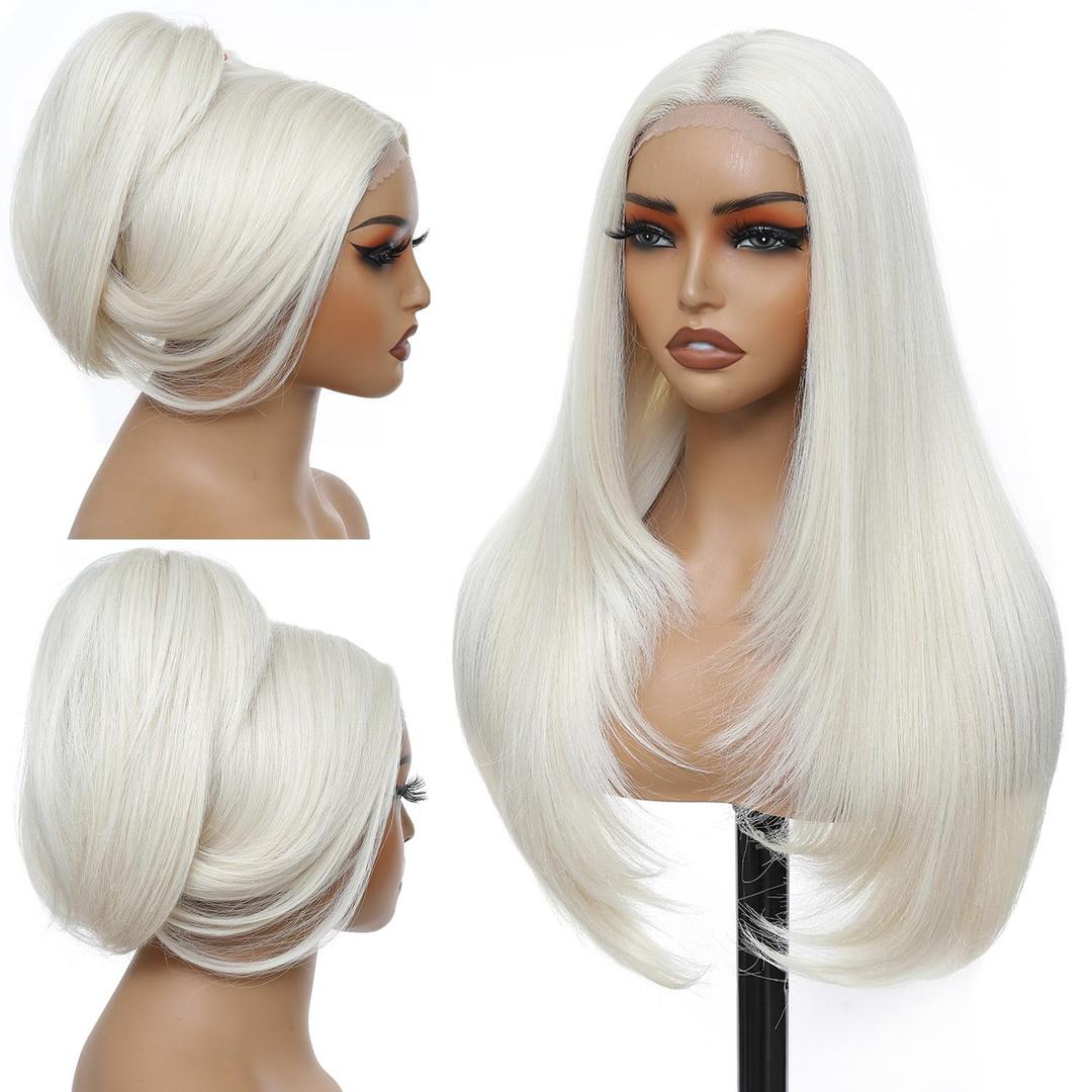Platinum Blonde Lace Front Wig for Women 5x4x1 HD Lace Hairline Long Straight Layered Blonde Wigs Wear and Go Glueless Wig Premium Fiber Synthetic Wig for Daily Party Use 26 Inch