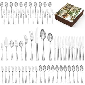 KINGSTONE Silverware Set for 12, 65-Piece Forged 18/10 Stainless Steel Flatware Set, Mirror Finish Cutlery Set Dishwasher Safe for Home, Restaurant, Wedding, Party