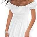 Amuver Women Pirate Romper Dress Flowy Ruffle Off-Shoulder Smocked Waist Party Dress with Shorts Jumpsuit Dresses (Small, White)