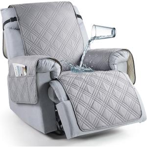 TAOCOCO 100% Waterproof Recliner Chair Cover with Double Straps, Oversized Recliner Covers for Large Recliner Chair, Non Slip Reclining Chair Cover for Kids, Pets (28'', Light Grey)