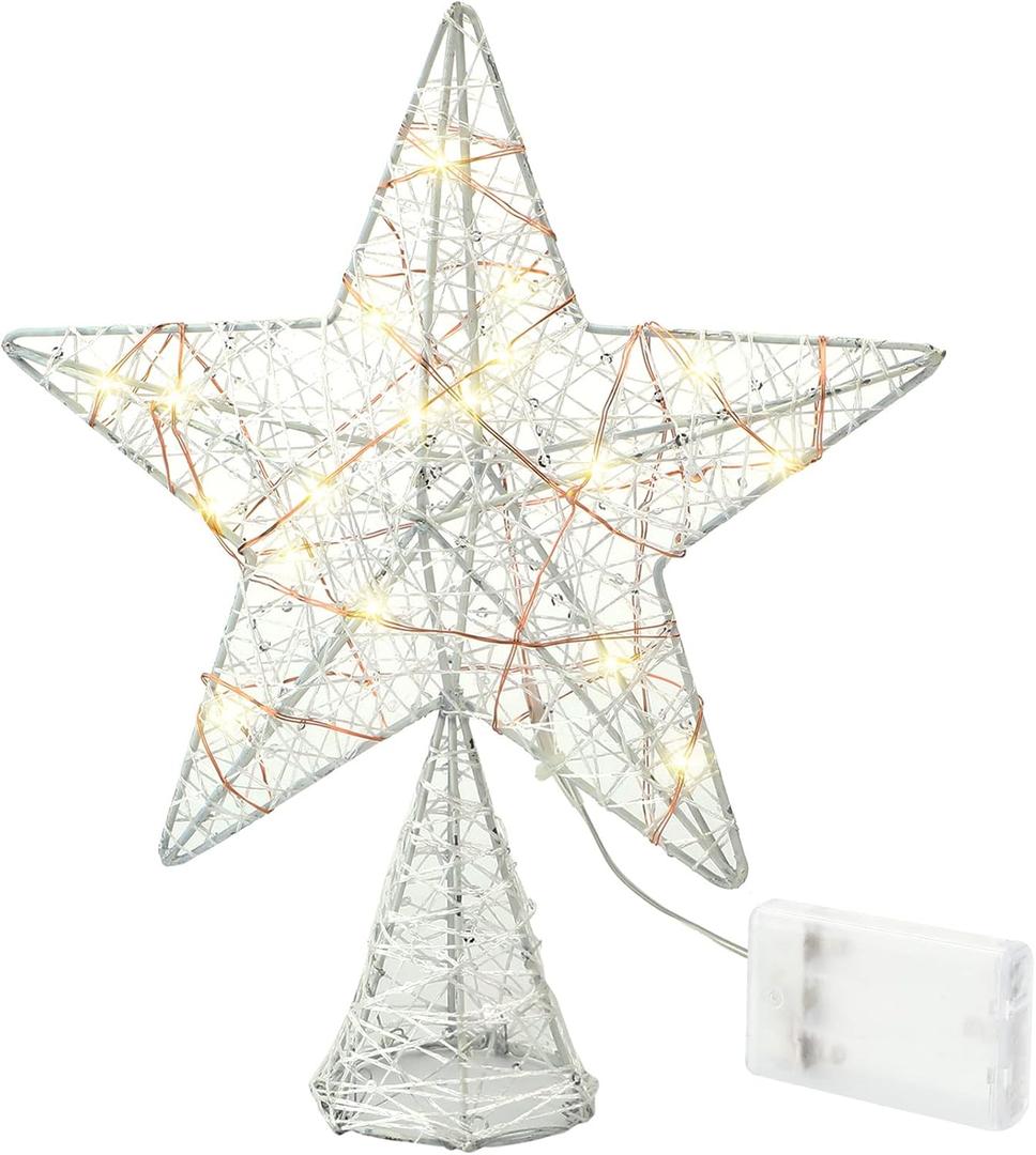 10 Inch Christmas Star Pentagram Tree Topper with Warm LED Lights for Xmas Tree Decorations (White), One Size