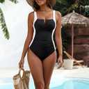 CiCiBird Women's Tummy Control One Piece Swimsuit Color Block Slimming Bathing Suit Sexy Lace Up Back Swimwear (Black, XL)
