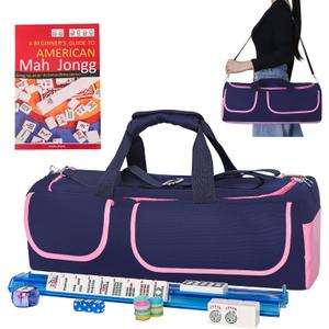 American Mahjong Game Set, 166 White Tiles, Blue&Pink Canvas Bag with Entire Accessories, 4 All-in-One Rack/Pushers, Mahjong Tiles Set