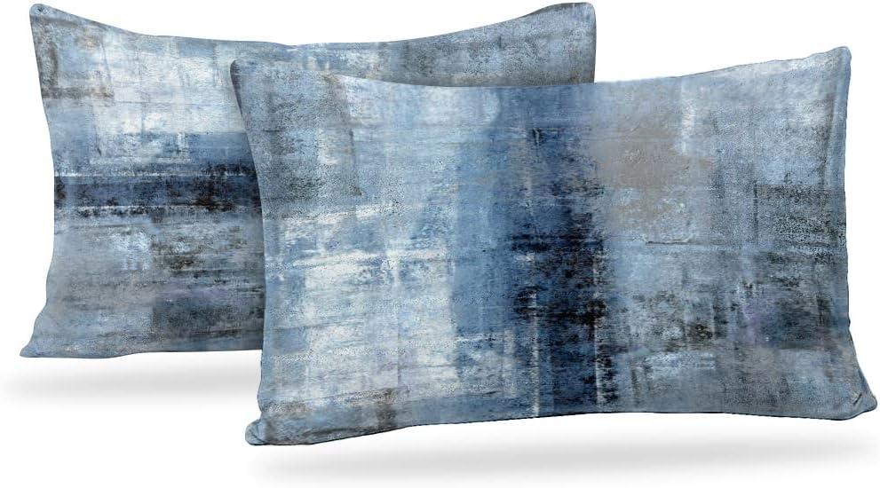 Blue and Grey Abstract Art Artwork Pillow Cover, Gallery Modern Decorative Throw Pillows Cushion Cover for Bedroom Sofa Living Room 12 x 20 Inch Set of 2