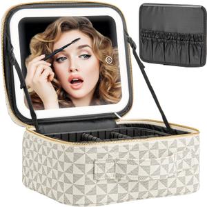 Extrei Gent Makeup Travel Train Case with Mirror LED Light 3 Adjustable Brightness Large Cosmetic Bag Portable Storage Adjustable Partition Waterproof Makeup Brushes Make up Jewelry Gift for Women (EXP 12/31/36)