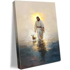 Jesus Walking on Water Canvas Wall Art with Lamb Jesus Picture for Wall Christian Painting Poster for Living Room Bedroom Dining Room Church Decor 16 * 24 IN(Stretched Canvas on A Wooden Frame)