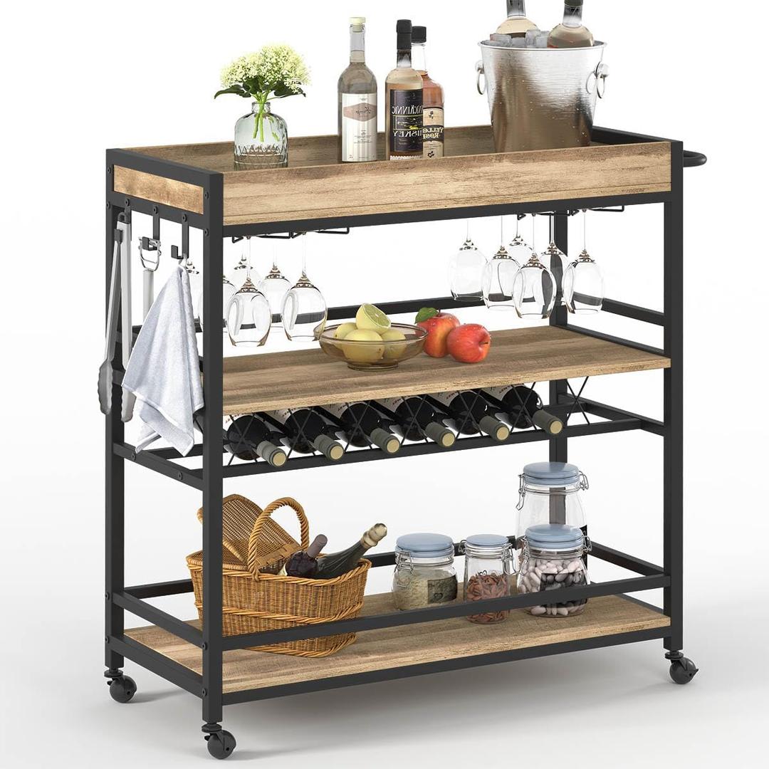 BON AUGURE Bar Cart for The Home, Bar Serving Carts on Wheels, 3 Tier Storage Drink Trolley, Rolling Wood and Metal Liquor Beverage Cart (Vintage Oak), 14.17"d X 37.01"w X 35.24"h