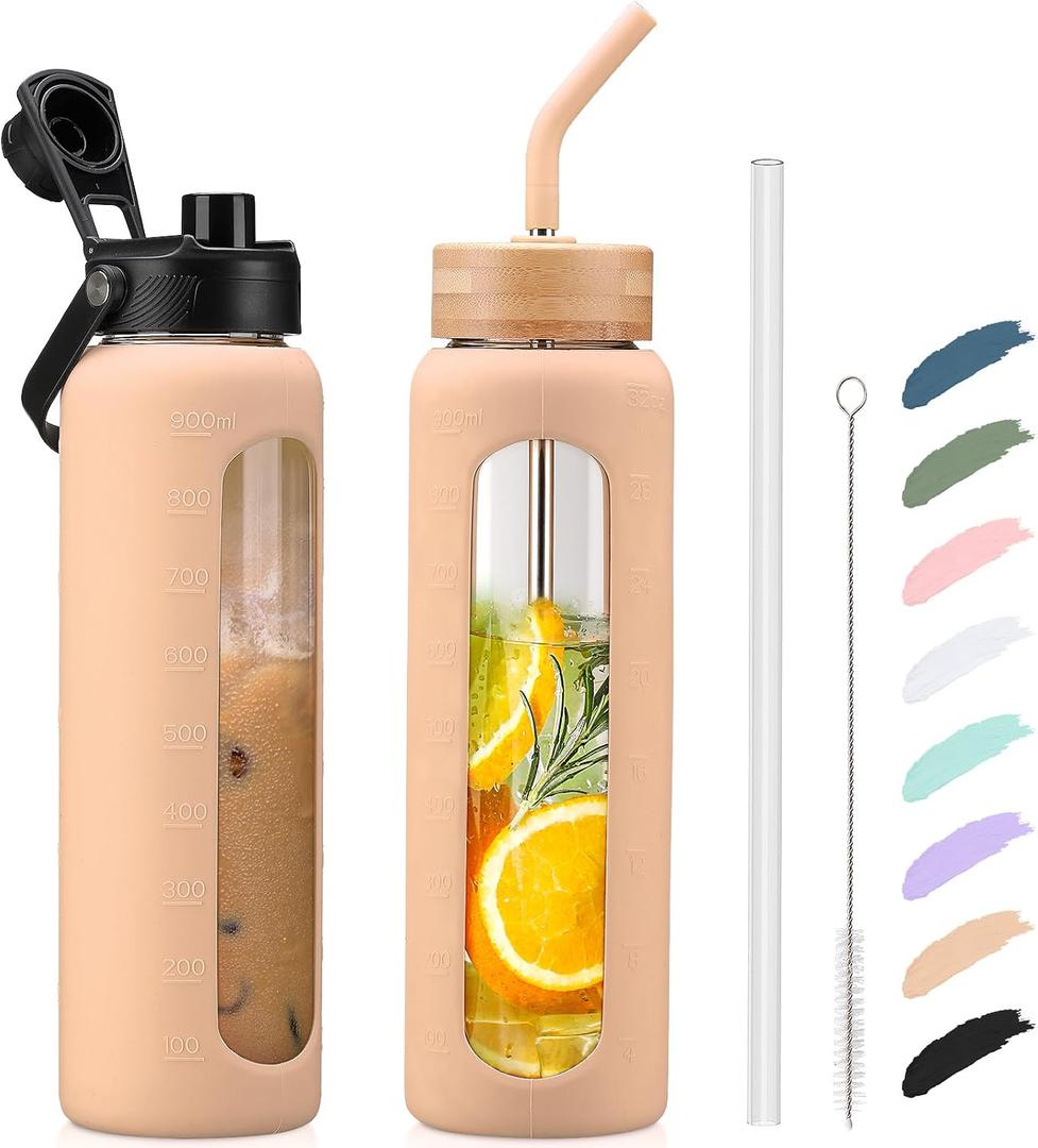 Kodrine 32oz Glass Water Bottle with Straw, Glass Drinking Bottle with 2 lids-Bamboo and Spout Lid, Leakproof Daily Water Intake Bottle with Time Marker for Home, Outdoor Sports, BPA free, Amber