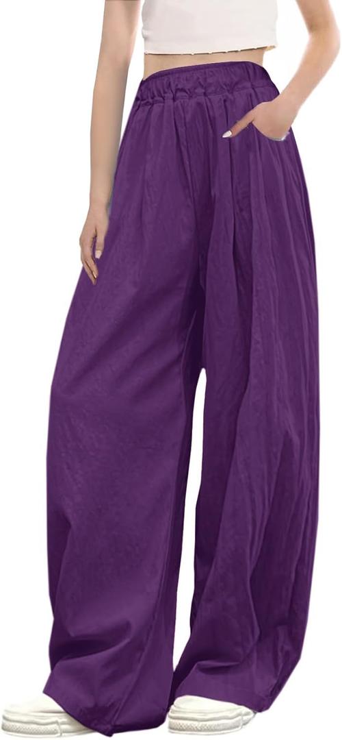 SANGTREE Girls & Woman Wide Leg Pants Lightweight Casual Elastic High Waist Straight Leg Loose Trousers,4 Years - Woman 2XL (Purple)