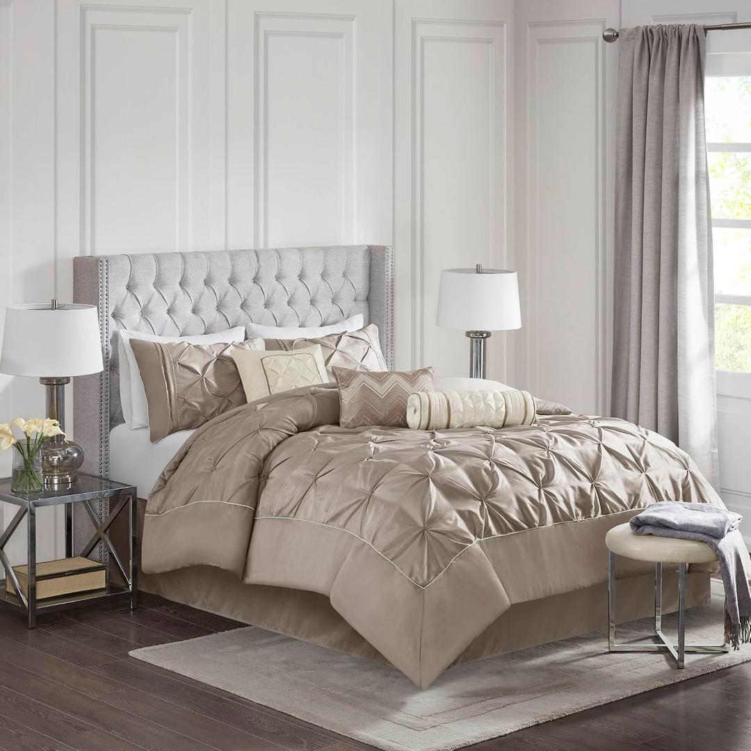 Madison Park Laurel Cozy Comforter Set - Traditional Tufted Faux Silk Design, All Season Down Alternative Bedding with Matching Shams, Decorative Pillow, Taupe Queen(90"x90") 7 Piece