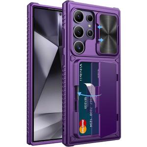 Vihibii for Samsung Galaxy S24 Ultra Case with Card Holder (4 Cards) & Slide Camera Cover & Kickstand, Shockproof Rugged Hard Back & TPU Soft Edge Wallet Case for Galaxy S24 Ultra (Dark Purple)