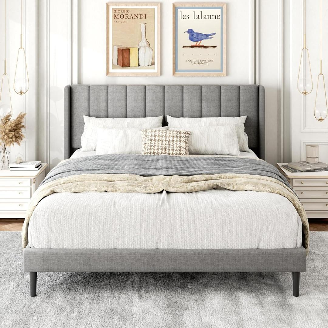 Gruwans Queen Size Bed Frame with Upholstered Wingback Headboard, Easy Assembly Platform Bed, Wooden Slat Support No Box Spring Needed, Light Gray