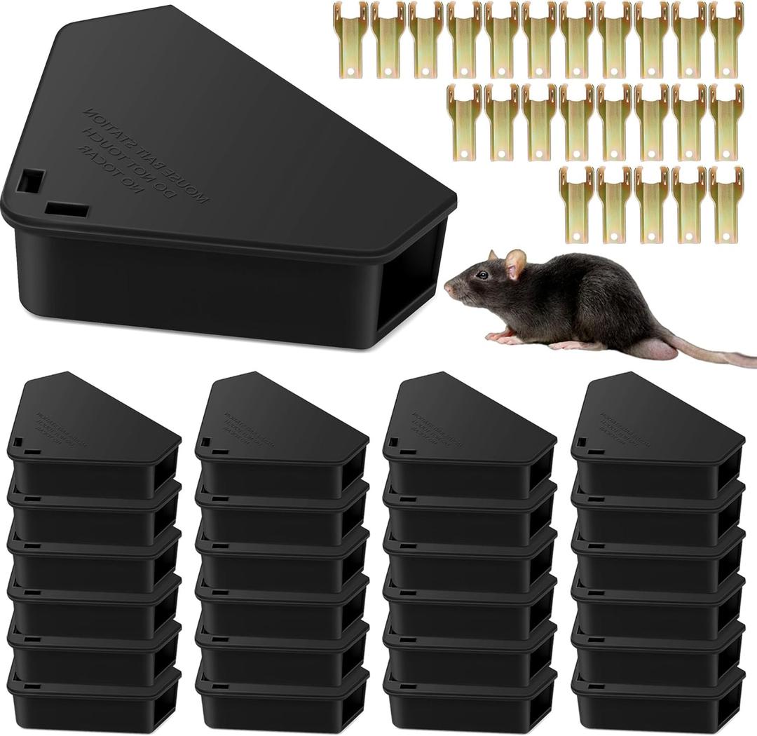 24 Pack Mice Bait Stations with Keys, Triangle Mouse Stations, Reusable Mouse Station Box for Indoor Outdoor Keep Rat Mice Away Pets Kids Safe, Dual Entry Tunnel, Black