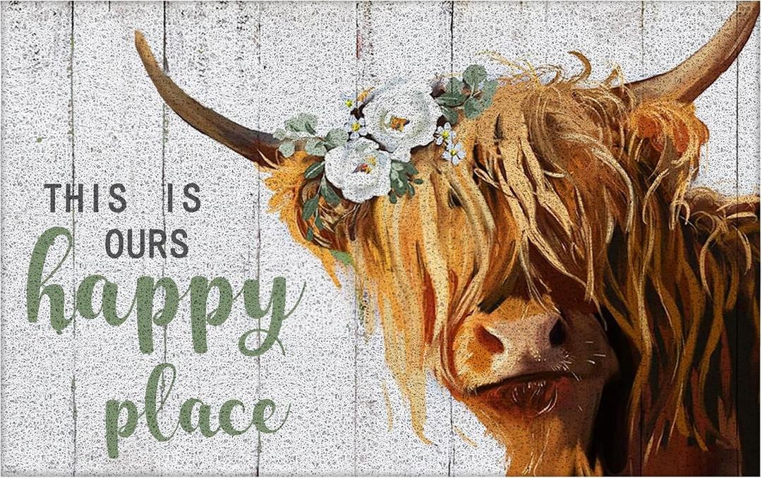 Rustic Highland Cow Western Door Mat, Highland Cow Bathroom Rug, This is Our Happy Place Front Door Mat Outdoor Indoor Entrance, Indoor Doormats for Entryway, 17x30 Inches