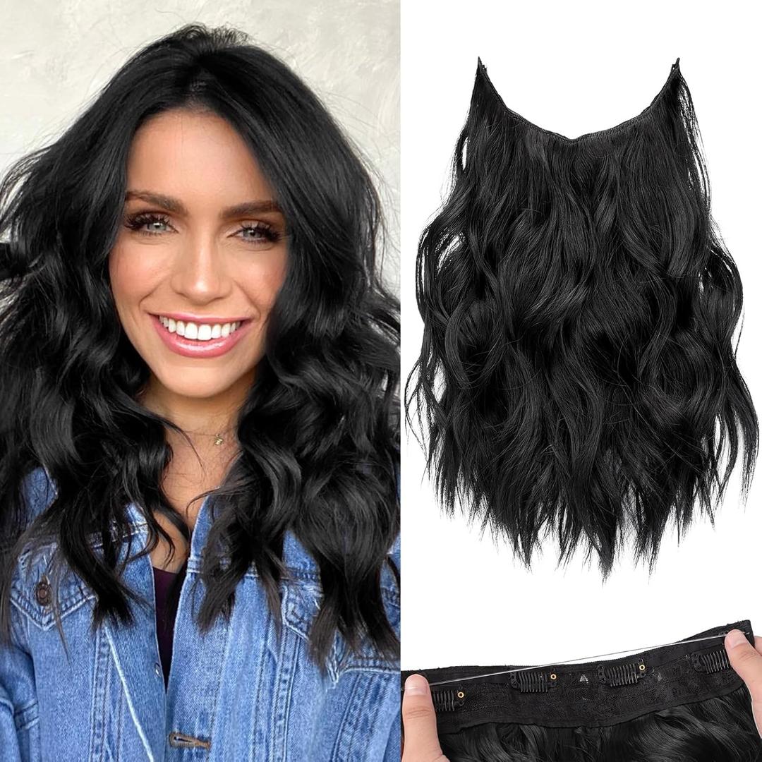 KooKaStyle Invisible Wire Hair Extensions with Transparent Headband Adjustable Size 4 Secure Clips Long Wavy Secret Wire Synthetic Hairpiece for Women (12 Inch, Black)