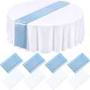 Tudomro 8 Pcs White and Light Blue Round Plastic Tablecloth and Satin Table Runner Set 84 Inch Round Table Covers 12 x 108 Inch Table Runners for Wedding Birthday Party Baby Shower Anniversary