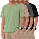 4 Pack Boys' Short Sleeve T-Shirts V Neck | Boys' V Neck T-Shirts, Short Sleeve, Summer, Pocket, Loose Fit Tops, Kids Casual, Solid, Basic Tees, 5-14 Years