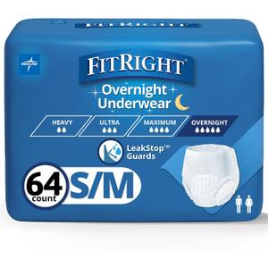 FitRight Overnight Unisex Underwear, Small/Medium (28-40 in Waist), 64 Count (4 Bags of 16), Maximum All Night Disposable Incontinence Protection, Pull-On Absorbent Underwear for Men & Women