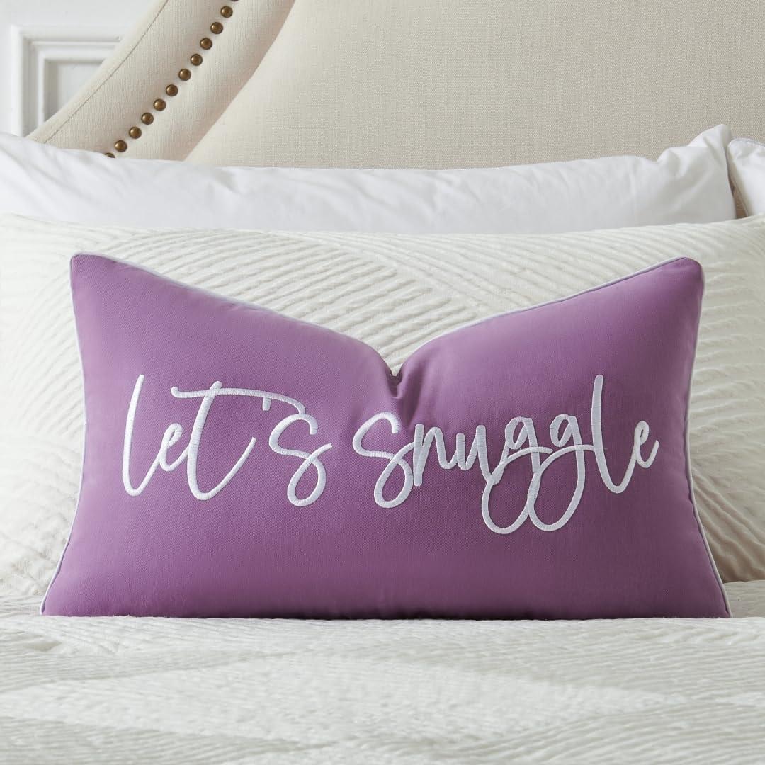 Sunkifover Let's Snuggle Decorative Lumbar Pillow Cover - 14x24 Inch Purple and White Cotton Embroidery Throw Pillowcase for Bed, Bedroom, Living Room, Home Decor