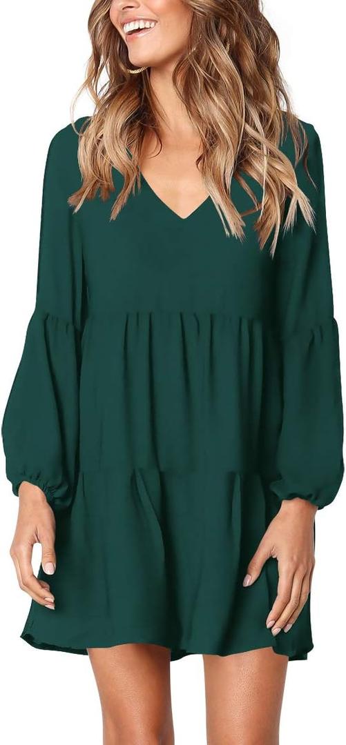 Amoretu Womens Tunic Dress Long Sleeve V Neck Casual Loose Flowy Swing Shift Dresses, Medium