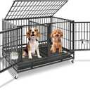 Homey Pet 43 Inch Dog Crate, Heavy Duty Stackable Dog Crate Cage Kennel for Medium Dogs with Divider, Bowls, 3 Door, Removable Grid & Tray, 4 Lockable Wheels, Breeding & Grooming Drop Cages for Dogs