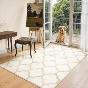 Lahome Moroccan Living Room Carpet - 4x6 Area Rug Washable Non-Slip Soft Rugs for Bedroom Ultra-Thin Throw Rug for Office, Modern Print Indoor Carpet Rug for Laundry Room Nursery (Beige, 4'x6')
