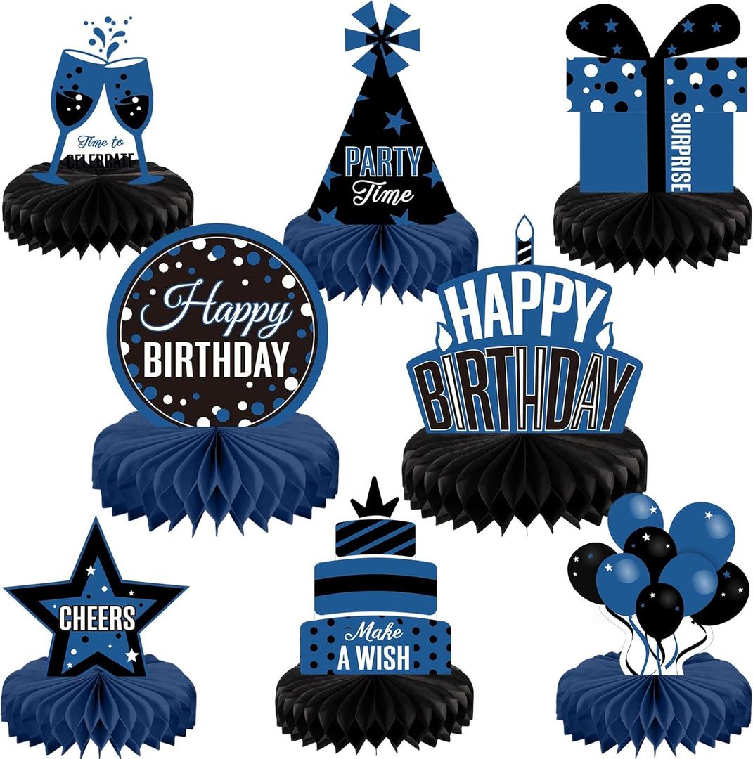 Pajean 8 Pieces Blue and Black Birthday Party Honeycomb Centerpieces Blue Black Table Centerpieces Decorations Table Centerpiece Sign for Kids Adults Party Supplies (Classic)