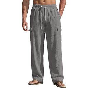 Men's Linen Pants Casual Cargo Pants with Pockets Lightweight Elastic Waist Drawstring Pants Baggy Beach Pants 3XL