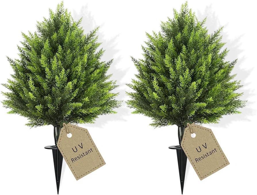 HMASYO 30" Artificial Cedar Topiary Ball Trees with Ground Spike, Set of 2 UV Resistant Artificial Shrubs, Faux Evergreen Plant Fake Bushes for Indoor Outdoor Front Porch Garden Decor, Larger Size